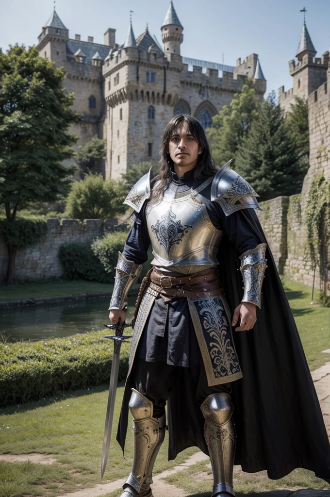 um paladino no mundo medieval,fantasy warrior, detailed armor with intricate designs, castle in the background, sword and shield