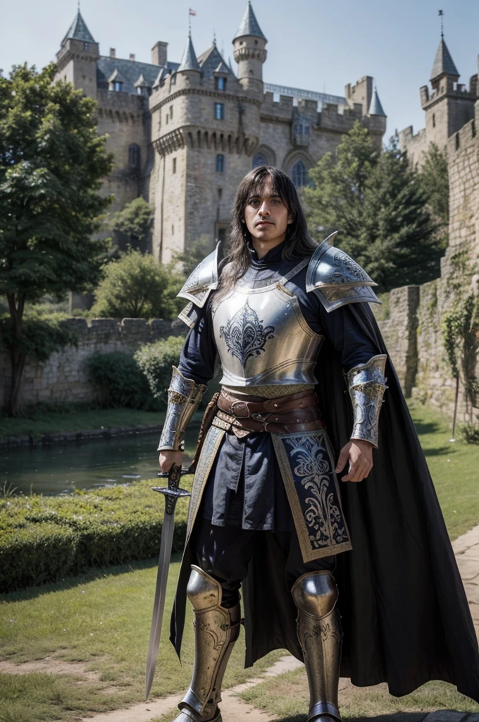 um paladino no mundo medieval,fantasy warrior, detailed armor with intricate designs, castle in the background, sword and shield