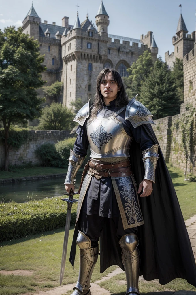 um paladino no mundo medieval,fantasy warrior, detailed armor with intricate designs, castle in the background, sword and shield