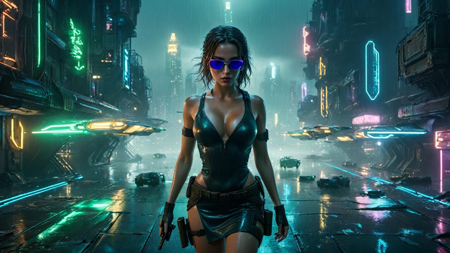 (aerial view, a flying cars docking platform, a very dark abandoned futuristic city, neon lights), rainy night. A girl as Lara Croft, solo, alone, large-breast:1.2 slim body, cleavage:1.1, sexy wind blowing wet dress:1.4, (headphone, black sunglasses), (((((she raised:1.8 a pistol:1.8 and took aim at viewer))))), dynamic pose, (((half-body thigh level medium shot))), cinematic lighting, lens flare, ray tracing.