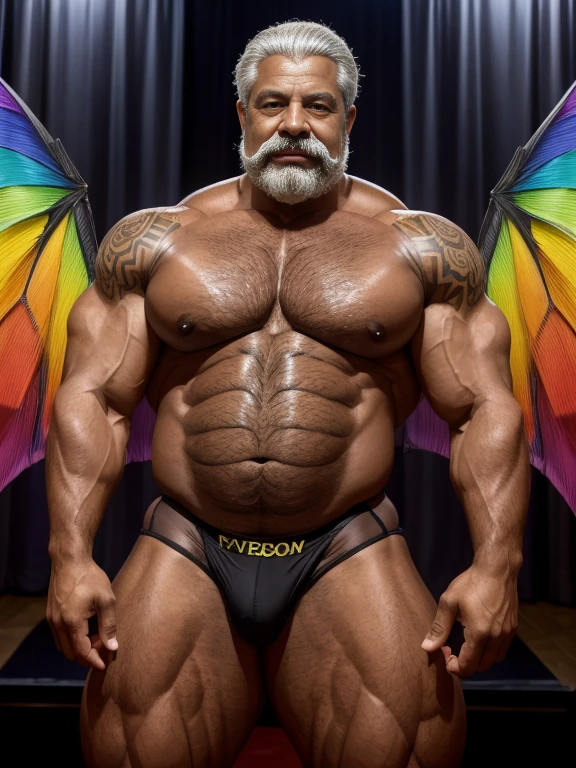 Hyperrealistic image of an African American man superhero burlesque dancer with two huge symmetrical rainbow wings very old and very sweaty gray-haired bodybuilder with dreadlocks over 80 years old very muscular and fat More than 200 kilos with a bare torso large and flaccid pectorals large brown nipples gray mustaches with huge tattooed arms dressed in black lace underwear and high heels on the stage of a burlesque
