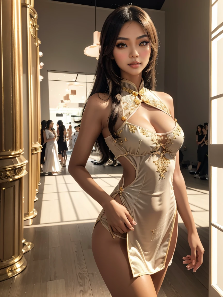 china dress, chinese clothes, dresasterpiece, best quality, highres:1.2), (photorealistic:1.2), (intricate and beautiful:1.2), (detailed light:1.2), (soft lighting, side lighting, reflected light), (colorful, dynamic angle), upper body shot, fashion photography, (SEXY SFW tanned Malaysian|Filipina adult female model walking on fashion_runway, wearing clothes, long hair), dynamic pose, light passing through hair, (crowded, female bystanders:1.3), (official art), (perfect skin), (sharp)