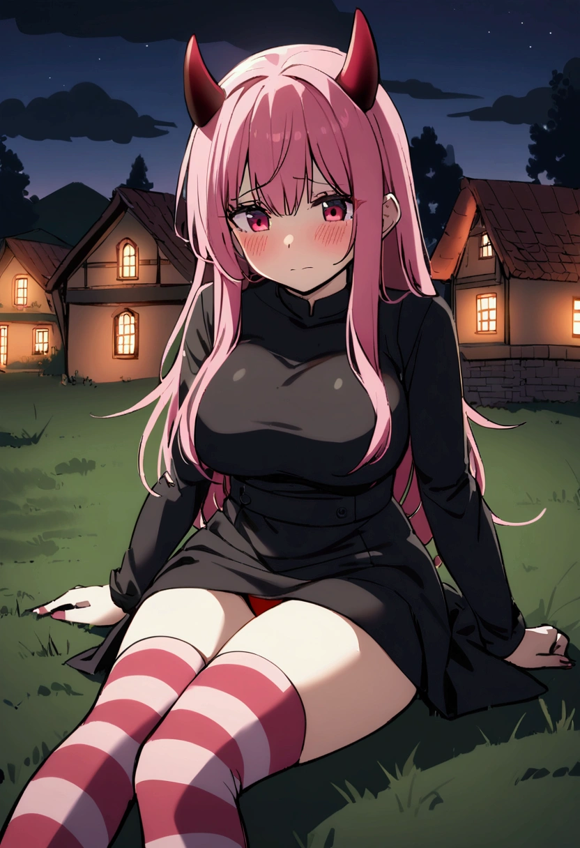 1girl with long pink hair, violet red eyes, two small horns on head, short black dress, big breasts,pink and white striped stockings, shy face, village on background, sit on grass, fear, night time, red panties