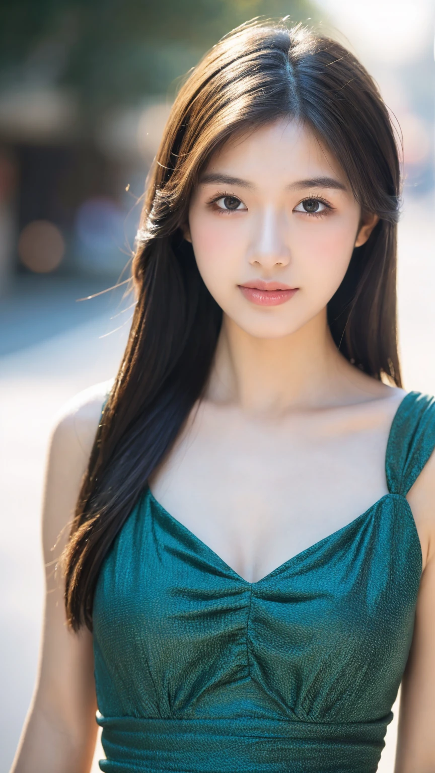 ((Best quality, 8k, masterpiece:1.3)),1girl,18 years old,Asian,Real texture:1.3,(Background blur:1.1),Dress Up,Tall and slender figure:1.2,(Hot summer weather),(street:1.3),Highly detailed face and skin textures,Exquisite eyes,Long eyelashes,Double eyelids,Skin Whitening,happy,Various postures,Beautiful breasts