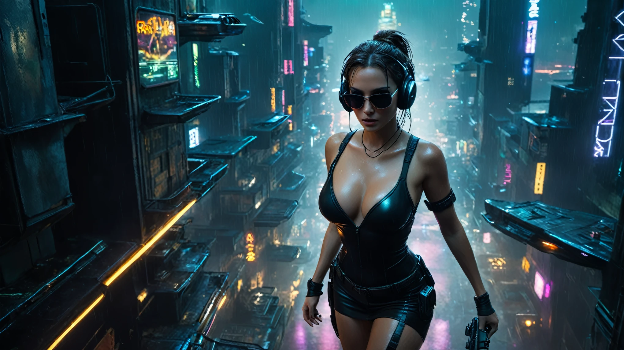 (aerial view, a flying cars docking platform, a very dark abandoned futuristic city, neon lights), rainy night. A girl as Lara Croft, solo, alone, large-breast:1.2 slim body, cleavage:1.1, sexy wind blowing wet dress:1.4, (headphone, black sunglasses), (((((she raised:1.8 a pistol:1.8 and took aim at viewer))))), dynamic pose, (((half-body thigh level medium shot))), cinematic lighting, lens flare, ray tracing.