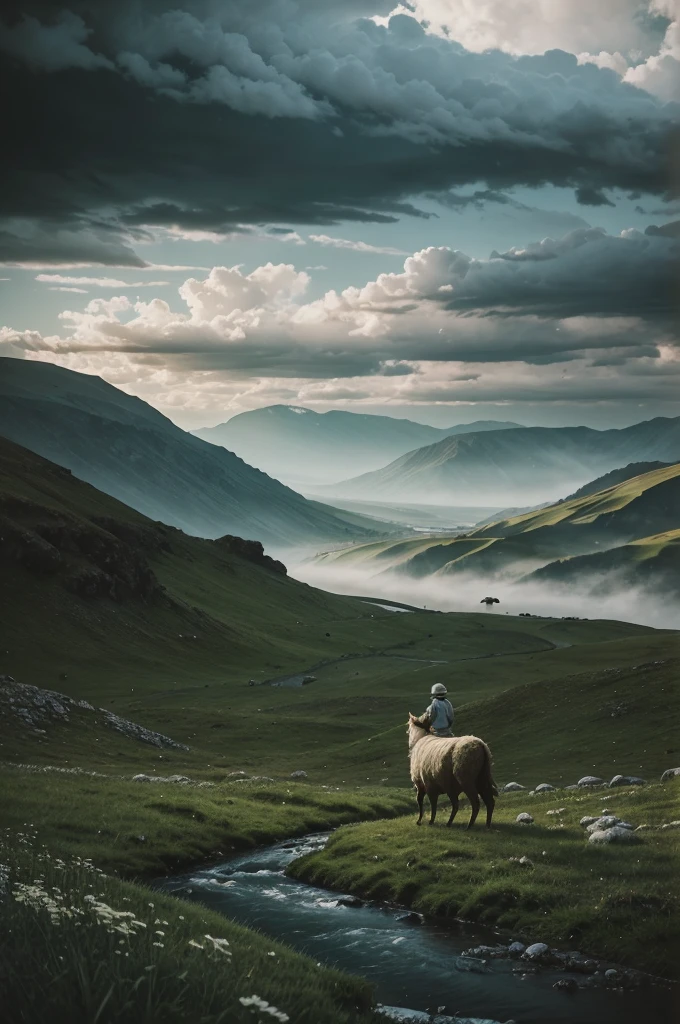 The shepherd leads the white flock to rest by the stream, near the vast green meadows, in the distance there is a valley of dark clouds, below the valley is the abyss, the abyss dark clouds, HD detail, hyper-detail, soft light, deep field focus bokeh, ray tracing. --v6