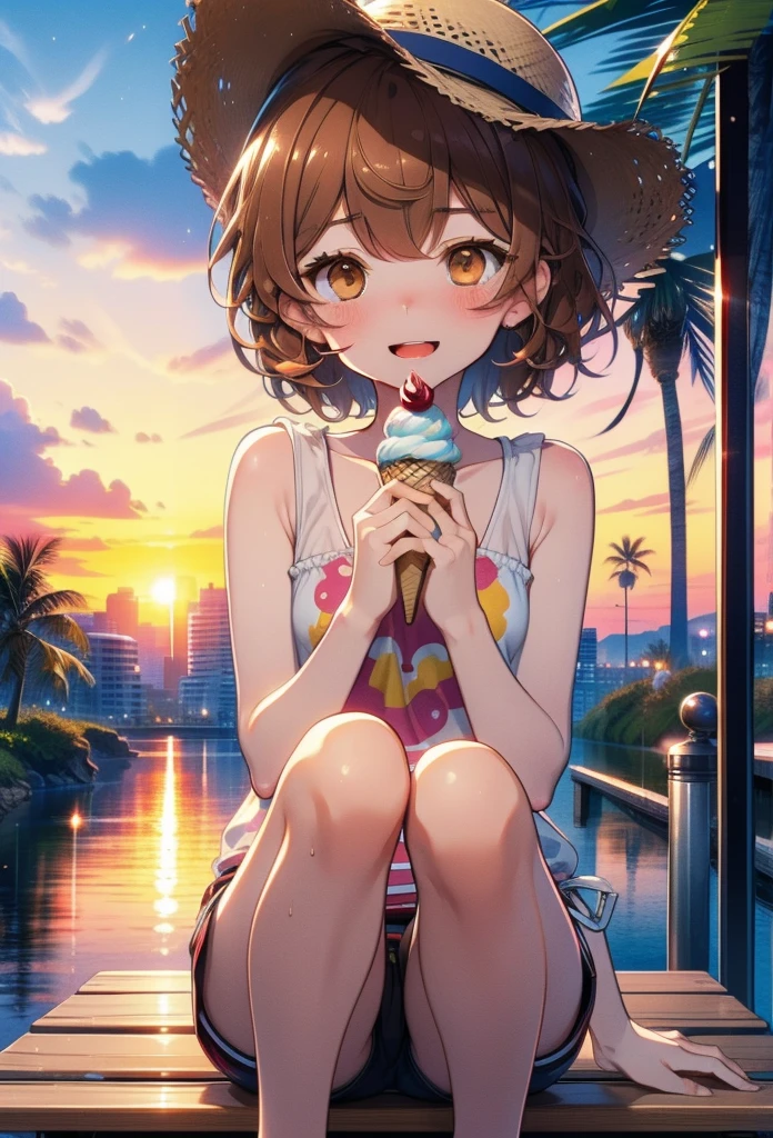 Lililukarde, Liliruka gets burned, , (Brown eyes:1.7), Brown Hair, (Flat Chest:1.2), smile,blush,Open your mouth,Straw hat,short hair,Brown tank top,Shorts,Holding ice cream in both hands,Heeled Sandals,Sitting on a bench,sunset,evening,The sun is setting,whole bodyがイラストに入るように,
break looking at viewer,whole body, 
break outdoors, Building district,Palm tree,Tropical,
break (masterpiece:1.2), Highest quality, High resolution, unity 8k wallpaper, (figure:0.8), (Beautiful attention to detail:1.6), Highly detailed face, Perfect lighting, Highly detailed CG, (Perfect hands, Perfect Anatomy),