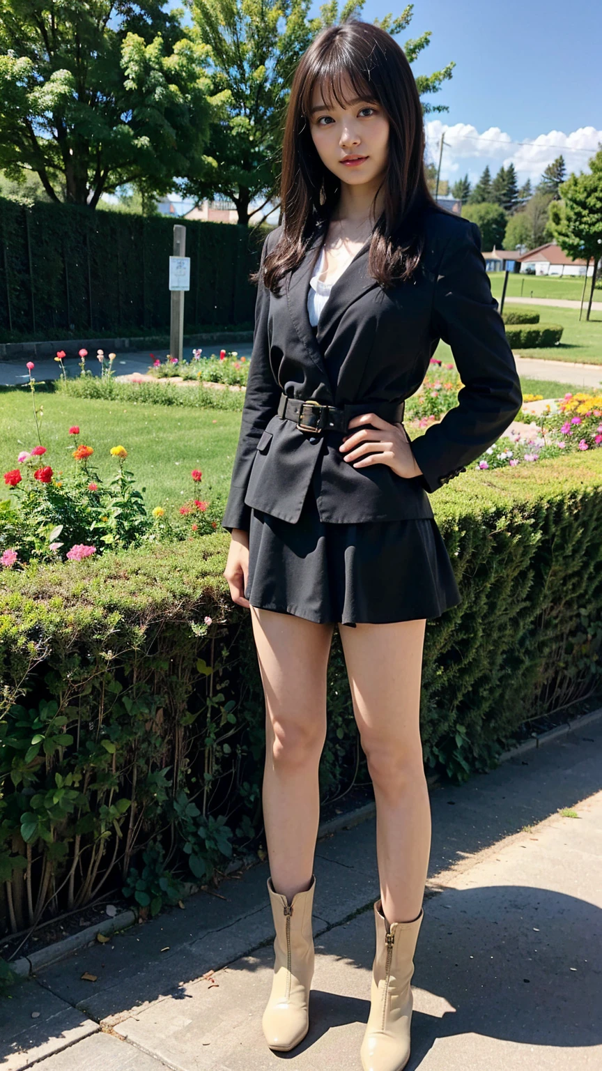 (8k、RAW Photos、Highest quality、masterpiece:1.2)、(Realistic、Realistic)、1 Girl、((suit、Black Mini Skirt、Medium Hair、boots、garden、View from the front、Looking at the camera、belt、Hands on your hips))、cute