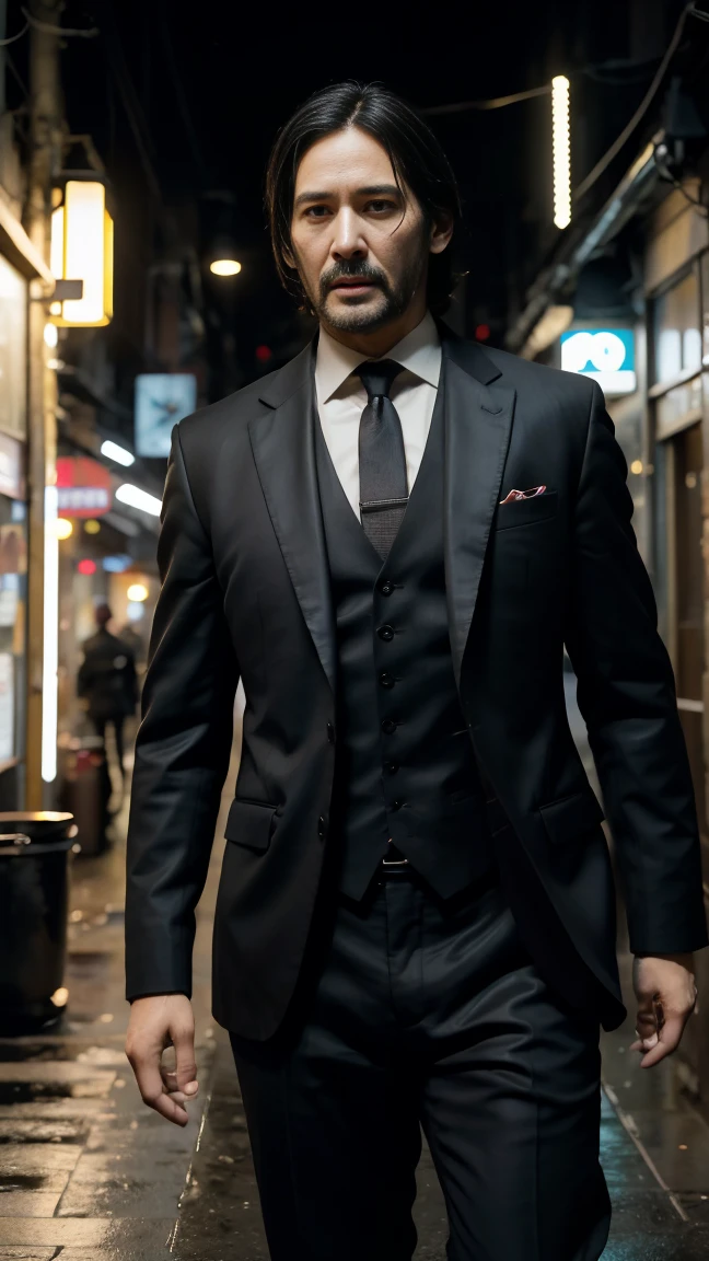 Symmetrical, High Detail RAW Color Photo Professional Photo, [:( High Detail Face: 1.2): 0.1], (lora:PJ DH), (Highest quality, Ultra HD, 16k, Masterpiece) Mahesh babu, portraying a character akin to John Wick, strides with purpose through the neon-lit streets of Tokyo at night. The shot is a close up view that captures him and the vibrant cityscape around him. He has a stoic and determined expression, his rugged features highlighted by subtle shadows and the glow of city lights. His hair is swept back, adding to his sharp and focused demeanor. He is dressed in a sleek, tailored suit that exudes both elegance and lethality. The suit, dark in color, fits him perfectly, accentuating his athletic physique. Underneath the jacket, he wears a crisp dress shirt with an open collar, revealing a hint of a tactical vest and holster harness underneath. His pants are tailored for movement, paired with polished leather shoes that reflect the city's lights with each step. Mahesh Babu holds a customized pistol in one hand, the weapon gleaming under the neon lights, held in a stylized and confident manner akin to John Wick's iconic pose. His other hand rests casually in his pocket, a subtle yet powerful gesture that adds to his aura of calm readiness. In the background, Tokyo's streets buzz with life, illuminated by a myriad of neon signs and bustling with a blend of traditional and modern architecture. The city skyline looms in the distance, a testament to its vibrant and dynamic atmosphere. The shot captures the essence of urban elegance and danger, with Mahesh Babu's presence as the focal point amidst the city's nocturnal energy. The lighting is cinematic, with contrasts that emphasize both the sharp lines of his attire and the depth of the urban backdrop. The overall scene encapsulates the essence of a modern-day warrior navigating a world where danger lurks around every corner, blending style with lethal precision. (((close up shot)))