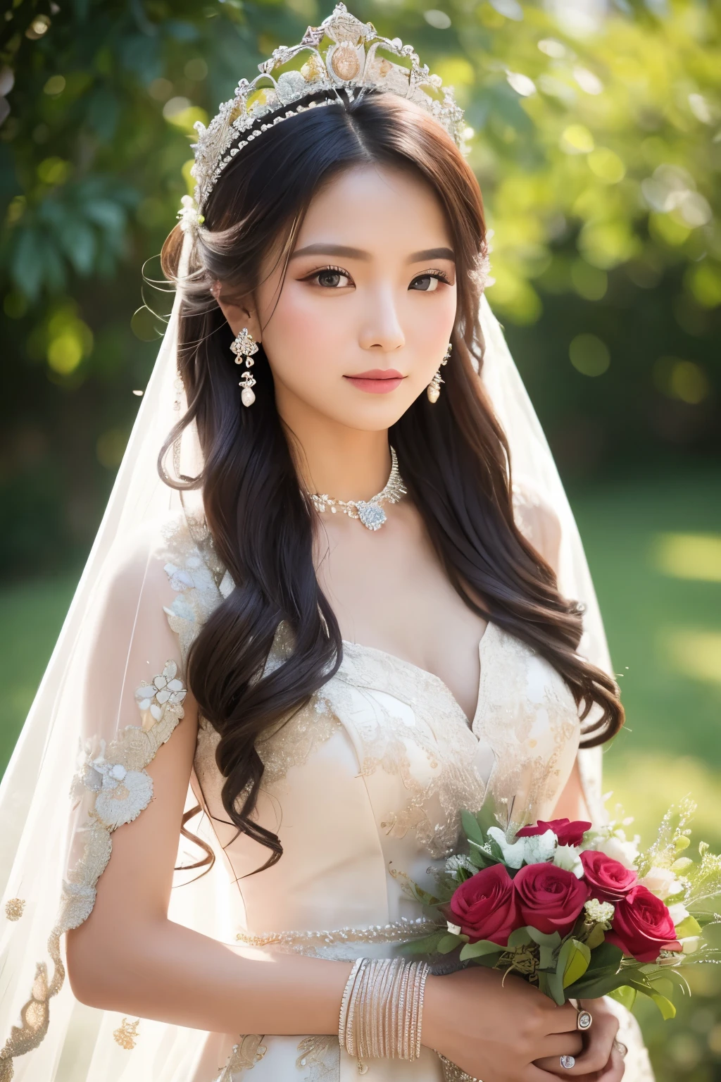 Asian brides' wedding photos are a visual feast of emotion and breathtaking beauty. The bride, usually adorned in a radiant pure white wedding gown, is intricately detailed with lace, chiffon, or delicate embroidery. The gown, with its high-resolution texture and intricate details, shimmers under the soft natural light, much like a masterpiece captured by an XT3 digital SLR camera. The bride's hair, whether styled elaborately or kept simple, is a work of art itself. It can be adorned with flowers, crowns, or veils that add an air of regality and elegance, or left loose and natural with a subtle