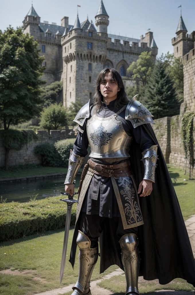 RAW photo, absurdres, high quality, photorealistic, a portrait of a knight in leather armor, detailed_skin, standing outside a castle, 8k uhd, dslr, film grain, Fujifilm XT3, 20 megapixel, detailed, sharp focus