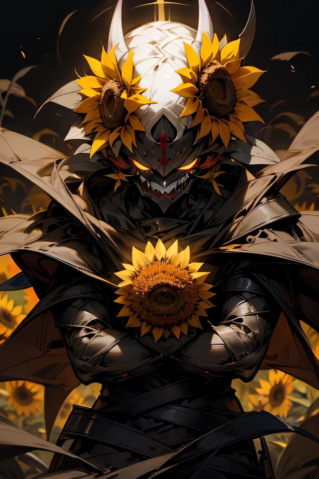 Sunflower Devil,Head is a sunflower,evildoer,Sunflower field,Dark Hero,chaos,hell