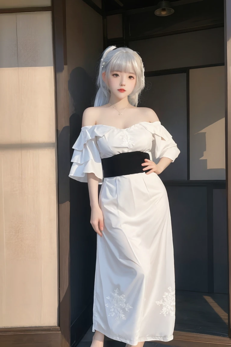 This Photo Consists Of Beautiful Woman, Cute, , 15 Years kin, Cleavage, Big Breasts, Big Tits, White Off Shoulder Japanese Kimono, Lace Kimono, Embroidered Kimono, Muscular, Athletic, Girly, Vintage Japanese Village Background , Long Ponytail, Gradient Colored Hair with Bangs, Sexy Look, Masterpiece, Adorable, Posing Because She Knew She Would Be Photographed, Big Beautiful Eyes, Dramatic Vintage Lighting, (standing), (full body:1.5),((solo)),