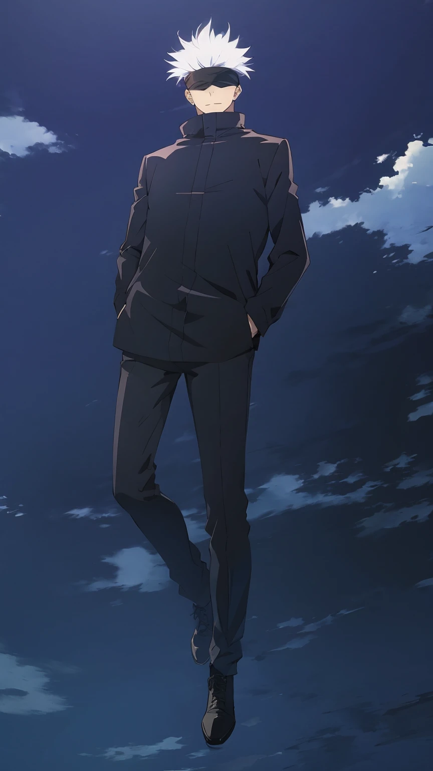 Gojo Satoru, white hair, black blindfold, black gakuran, hands in pockets, black footwear, (full body), (masterpiece, best quality:1.2), sky cloudy, (floating pose:1.2)
