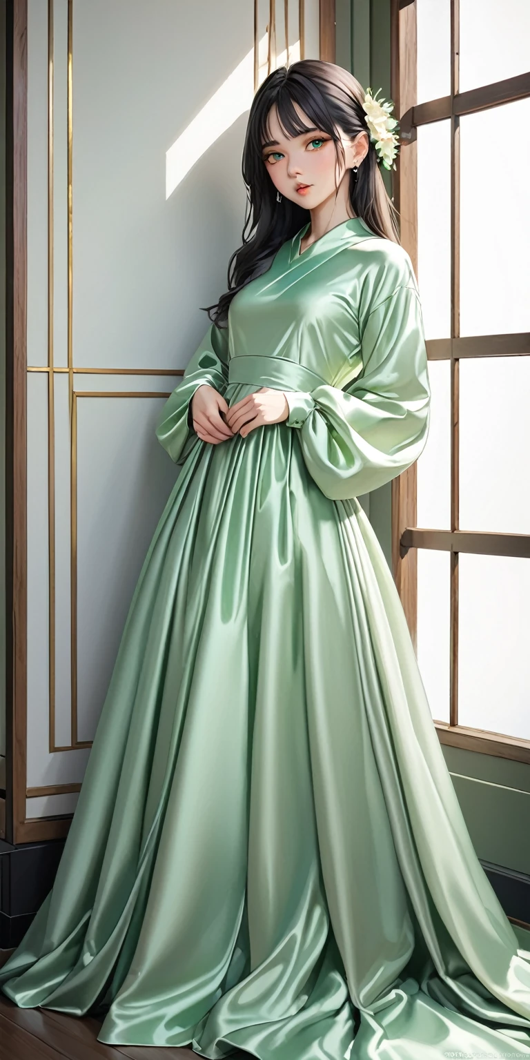Portraiture、(masterpiece,Highest quality,Ultra-high resolution),Japanese women, (((Very beautiful 25 year old girl))),She is wearing a long-sleeved dress made of shiny pale green satin.、The dress has a simple design without any patterns.、simple long skirt