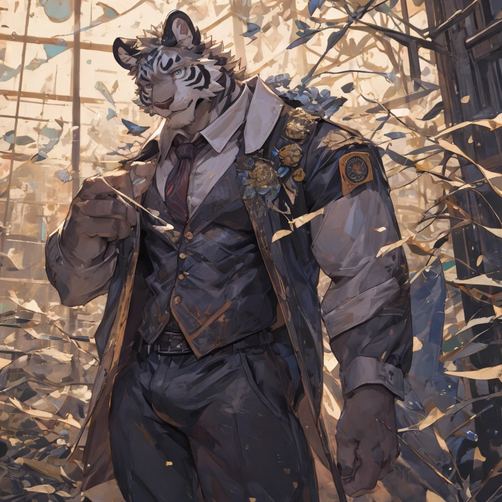 {{bara extremely handsome white tiger,}} {{white fur,}} white, wearing elegant ornate suit jacket, trousers, white dress shirt and necktie, white fluffy furry body and limbs, loafers, very tall, very broad shoulders, narrow waist, muscular arms, massive pecs, purple eyes, very long legs, massive bulge, sophisticated hot look, 3/4 view, best quality, high detail, CG image, character splash art, silver earring on left ear, sultry smirk