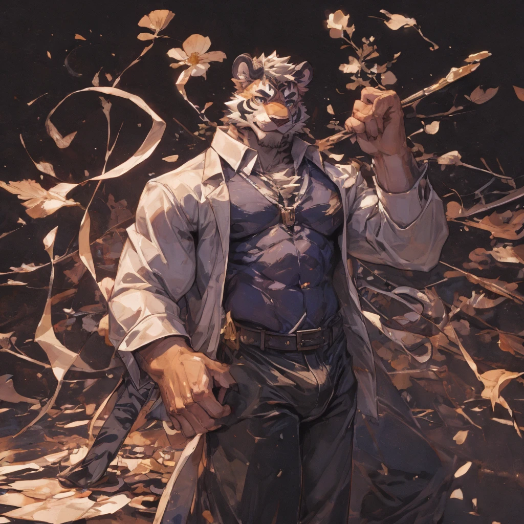 {{bara extremely handsome white tiger,}} {{white fur,}} white, wearing elegant ornate suit jacket, trousers, white dress shirt and necktie, white fluffy furry body and limbs, loafers, very tall, very broad shoulders, narrow waist, muscular arms, massive pecs, purple eyes, very long legs, massive bulge, sophisticated hot look, 3/4 view, best quality, high detail, CG image, character splash art, silver earring on left ear, sultry smirk