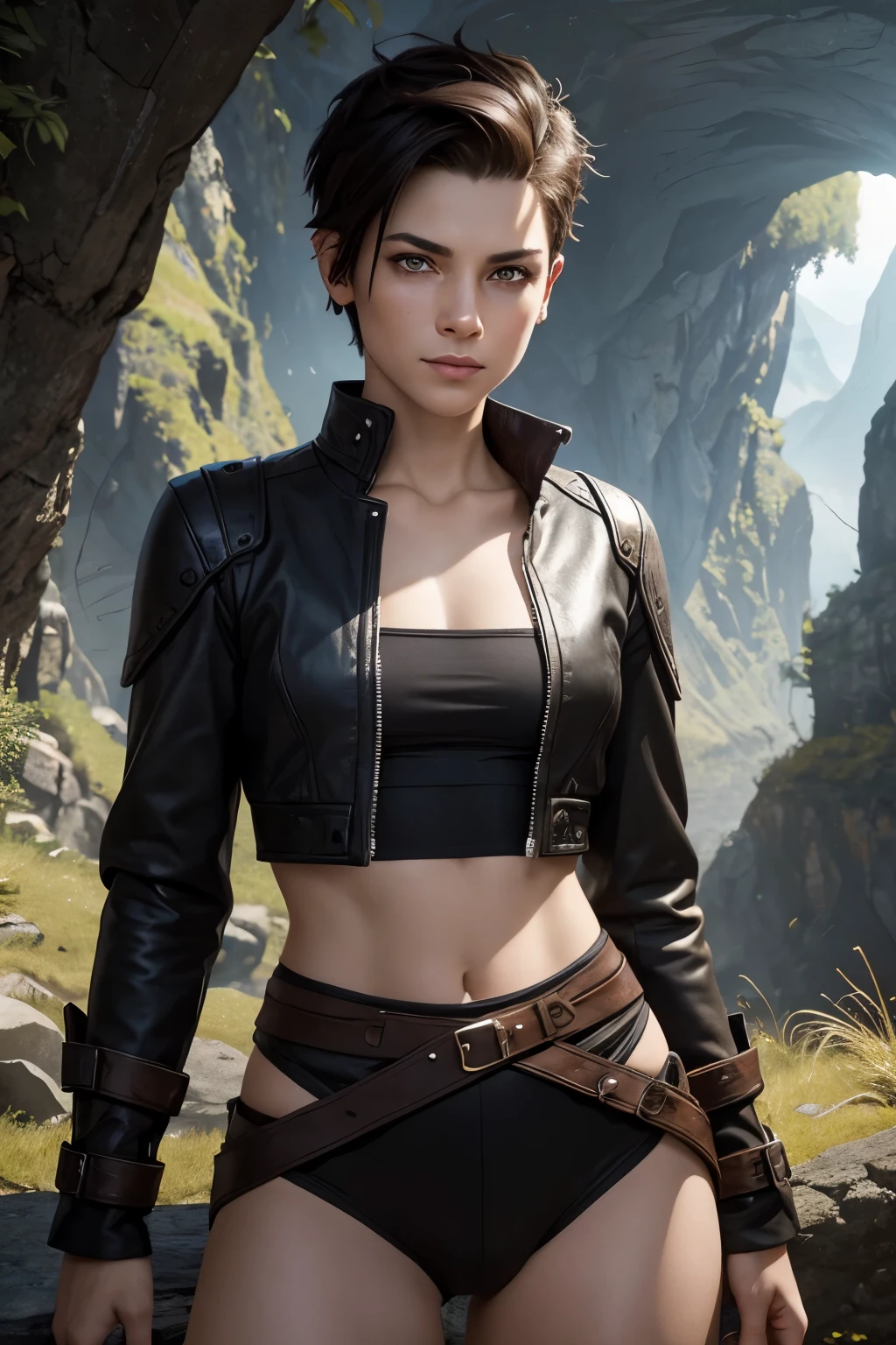 A happy 40 years old woman with an undercut. A rogue in a fantasy setting. Very androgynous looking. In a good mood. Happy. Kind. Friendly. Tomboyish. Androgynous. Slim masculine body. Very . Very small breasts. Wide hips. Thick legs. Face: Extremly pale skin with liverspots and freckles. Soft narrow face with a round chin. Soft small jaw. Big forehead. Very thin barely visible eyebrows. Upturned big dark-brown eyes. Dark-brown eyecolour. Very long and wide nose. Big curved lips. Very short dark-brown hair. A boyish short haircut. Undercut. Sides shaved. Wearing a cool fantasy outfit of a rogue rogue. Background: A wild colourful land. Bright colours. Forests and Mountains.