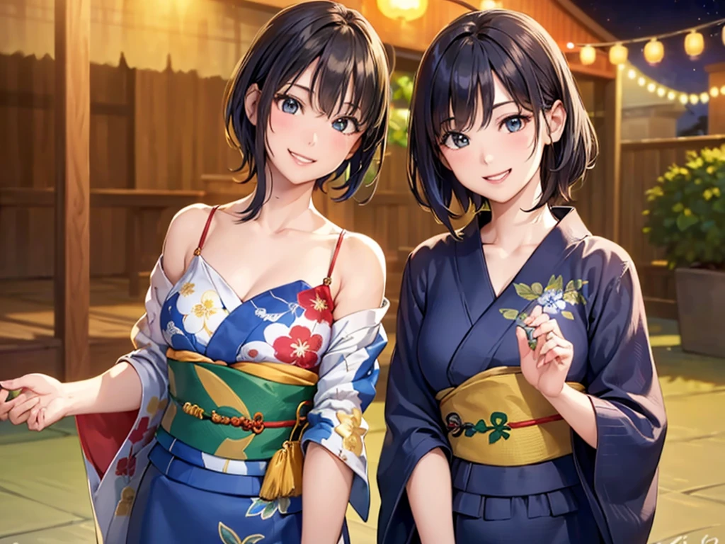 (masterpiece、Highest quality:1.2),Frame In、 Cowboy Shot, alone, One Girl, View your viewers, (Highest quality, 8k, Oil, Tabletop:1.2), Very detailed, (Realistic, Realistic:1.37), Vibrant colors, Wearing a green yukata、Bob Hair、Black Hair、Fun expression、smile、Teeth are visible、night、Summer festival、I have a folding fan