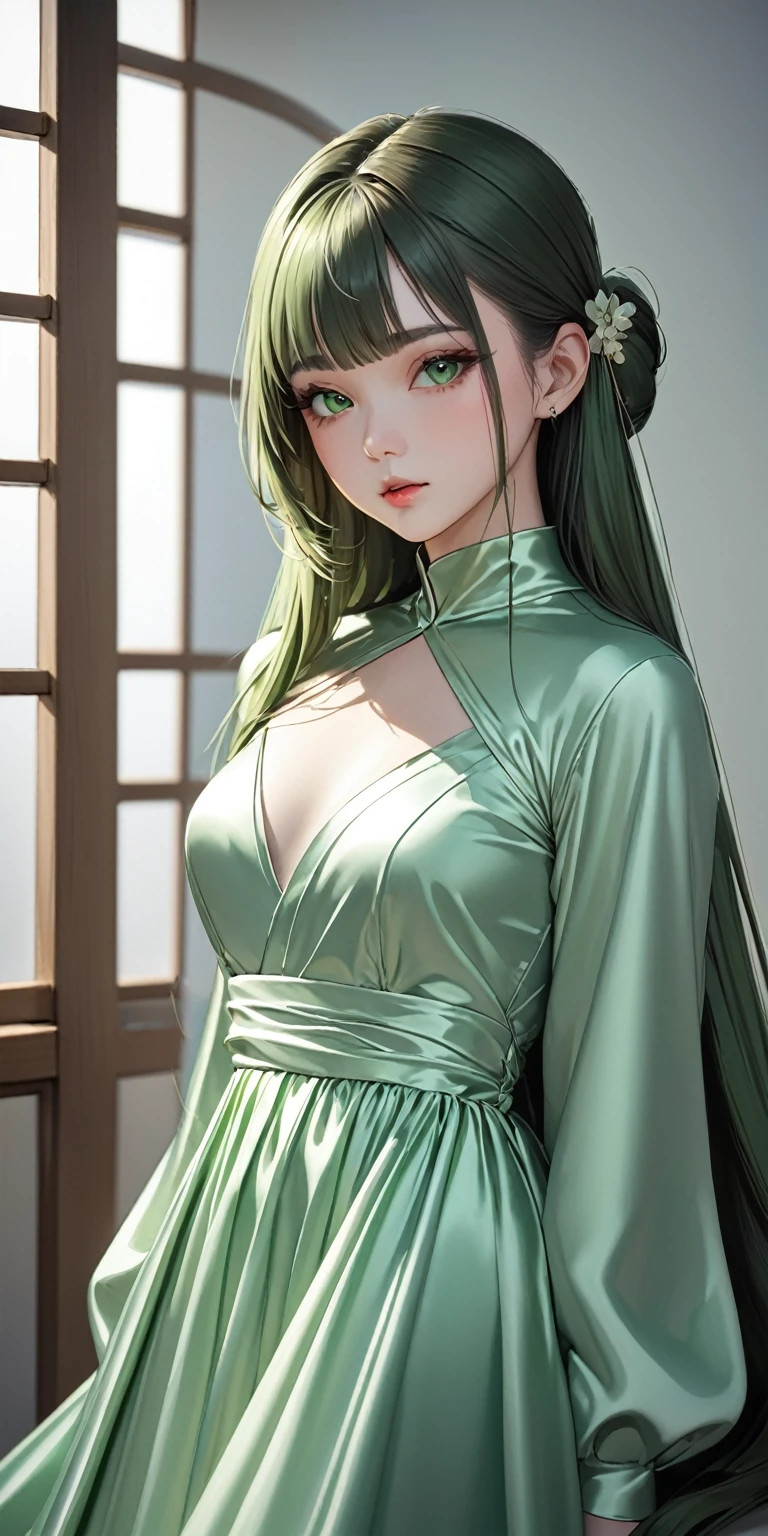 Arapei girl with long blue hair sitting on the bed, Anime girl with long hair, Beautiful anime girl, Beautiful anime woman, trending on cgstation, cute anime waifu in a nice dress, green flowing hair, Beautiful anime style, Anime girl with teal hair, Realistic anime 3 D style, beautiful and seductive anime woman, attractive anime girls, realistic anime artstyle