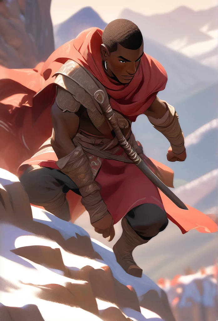 Ultra Realistic, Highly Defined Details, Snowy Mountains Cliff, Detailed Hands, Climbing On Hands and knees, Shadowy Distant Back Drop, Mellow Color Shading Capturing the Mode, Young Adult African Male Villager, Bent Over, Climbing With Hands, Snowy Mountain Peaks, Windy Snow, On Hands and Knees Climbing Ultra Realistic, Highly Defined Details, Climbing a Cliff Distant View, Mellow Color Shading Capturing the Mode, Young Adult African Male Villager, View Of the Valley Below, Bone chest plate armor, Lightly armored belt buckle dagger in a sheath, Bone carved Hilt, Long Curved Sword Wrapped in Crimson Cloth Worn On Back, Dark Torn Crimson Cloak, Climbing In The Windy Sean, Leaves Blowing, Climbing In Cravas, Climbing With Hands