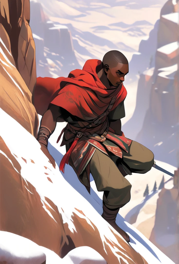 Ultra Realistic, Highly Defined Details, Snowy Mountains Cliff, Detailed Hands, Climbing On Hands and knees, Shadowy Distant Back Drop, ow Color Shading Capturing the Mode, Young Adult African Male Villager, Bent Over, Climbing With Hands, Snowy Mountain Peaks, Windy Snow, On Hands and Knees Climbing Ultra Realistic, Highly Defined Details, Climbing a Cliff Distant View, Mellolor Shading Capturing the Mode, Young Adult African Male Villager, View Of the Valley Below, Bone chest plate armor, Lightly armored belt buckle dagger in a sheath, Bone carved Hilt, Long Curved Sword Wrapped in Crimson Cloth Worn On Back, Dark Torn Crimson Cloak, Climbing In The Windy Sean, Leaves Blowing, Climbing In Cravas, Climbing With Hands