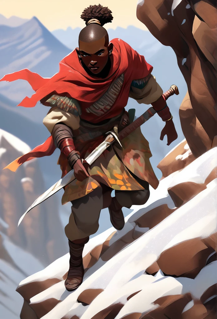 Ultra Realistic, Highly Defined Details, Snowy Mountains Cliff, Detailed Hands, Climbing On Hands and knees, Shadowy Distant Back Drop, Mellow Color Shading Capturing the Mode, Young Adult African Male Villager, Bent Over, Climbing With Hands, Snowy Mountain Peaks, Windy Snow, On Hands and Knees Climbing Ultra Realistic, Highly Defined Details, Climbing a Cliff Distant View, Mellow Color Shading Capturing the Mode, Young Adult African Male Villager, View Of the Valley Below, Bone chest plate armor, Lightly armored belt buckle dagger in a sheath, Bone carved Hilt, Long Curved Sword Wrapped in Crimson Cloth Worn On Back, Dark Torn Crimson Cloak, Climbing In The Windy Sean, Leaves Blowing, Climbing In Cravas, Climbing With Hands