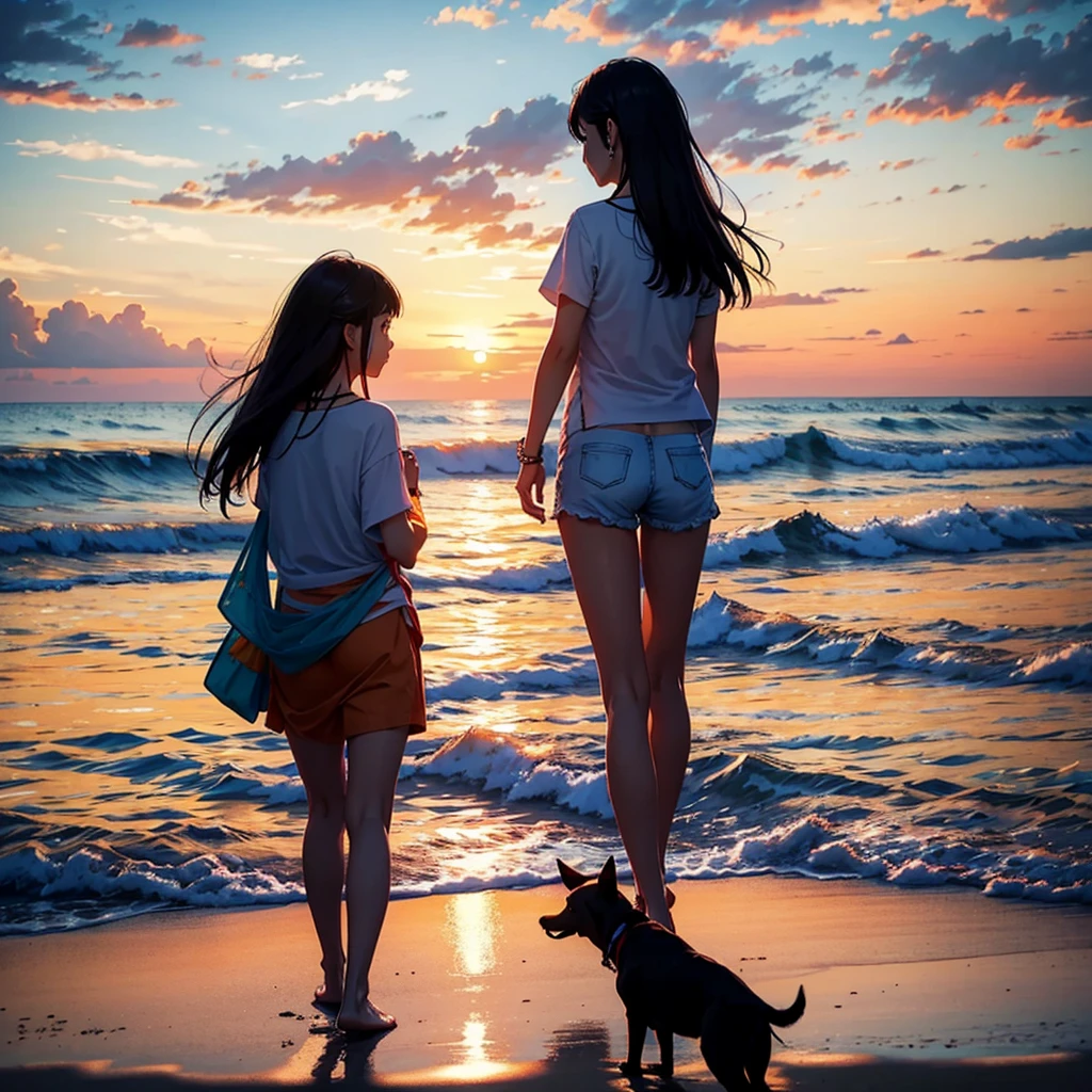 Summer evening、Woman and dog walking on the beach。The sunset paints the sea orange