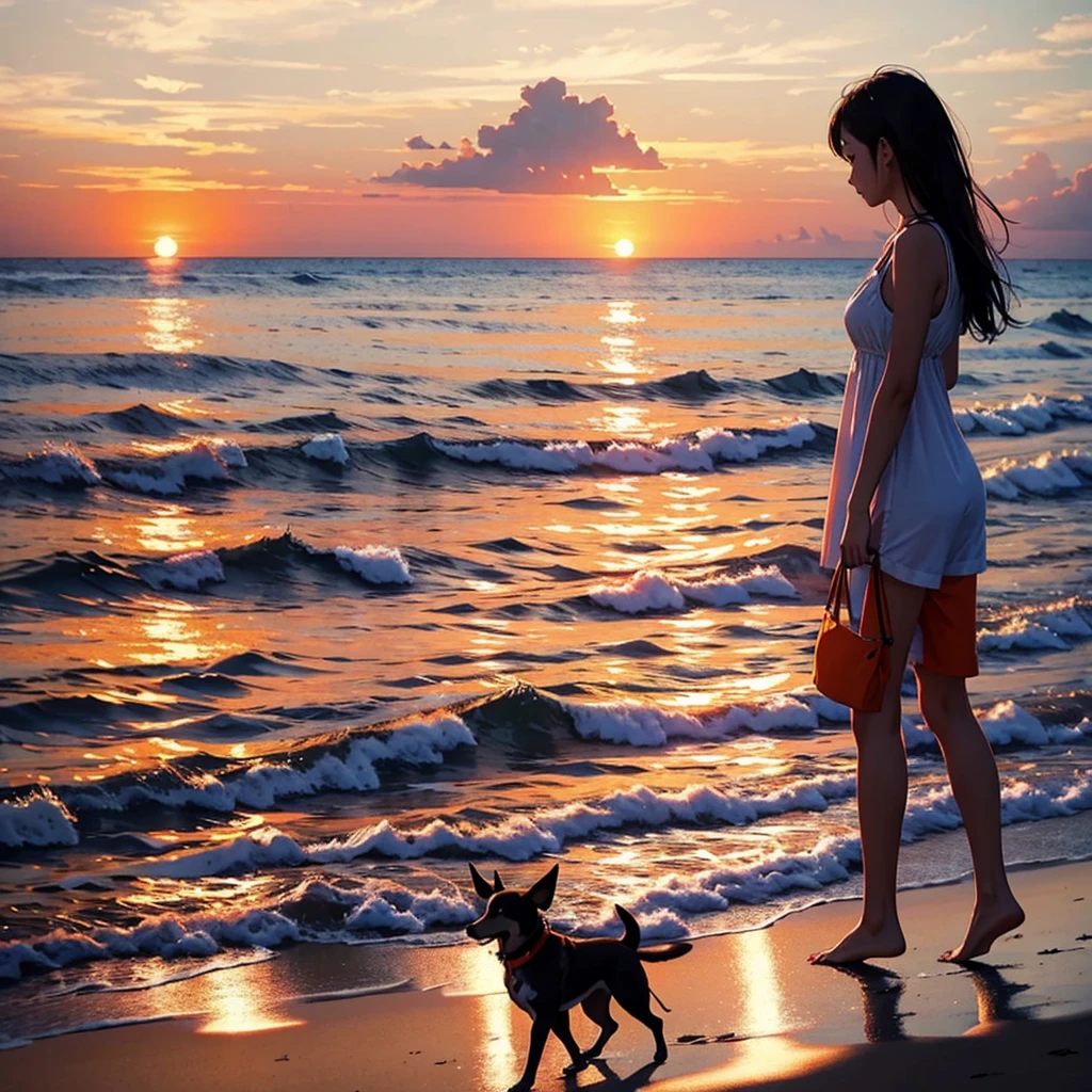 Summer evening、Woman and dog walking on the beach。The sunset paints the sea orange