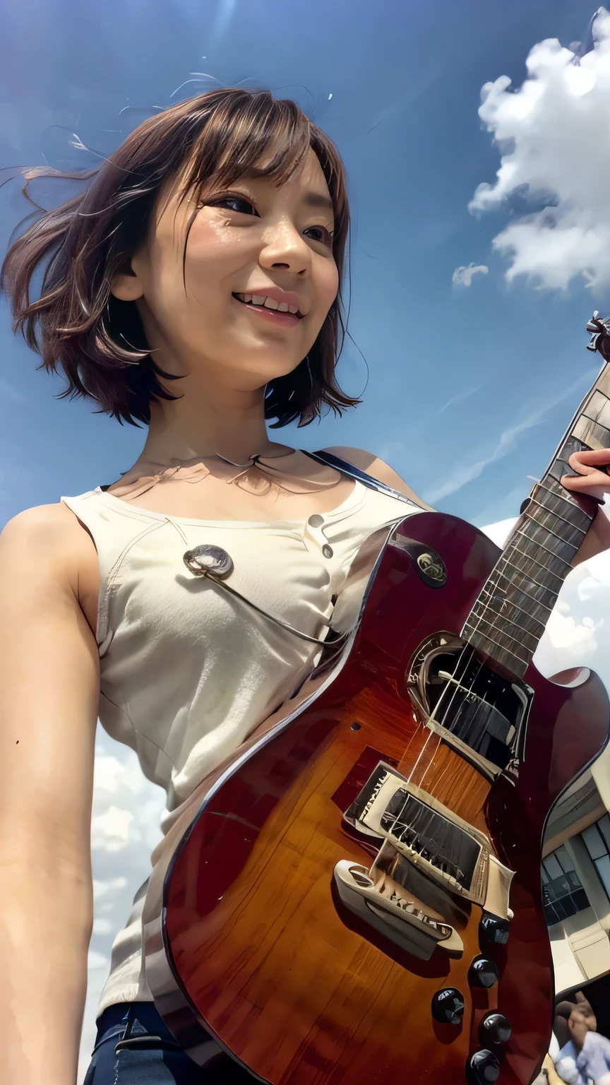 Tokyo Street、Woman walking on the street、Boyish Woman、the wind is strong、(Realistic、Like a photograph、Live Action、8k, Realistic, RAW Photos, Best image quality: 1.4), Single-lens reflex camera、RAW Photos, Highest quality, Realistic, Highly detailed CG Unity 8k wallpaper, Written boundary depth, Cinematic Light, Lens flare, Ray Tracing, Realistic background、(No sleeve:1.4、Tight mini skirt:1.4、Small breasts)、(Carrying the guitar、The guitar strap passes between her breasts、paisla)、((Silver Inner Color Hair:1.1))、Cute Japanese Band Girls、((whole body:1.5))、(short hair:1.2、My hair flutters in the wind:1.5)、I like that style、stylish、Very detailed、Pay attention to the details、Perfect outfit、(White skin)、Beautiful feet:1.1、View from below、Composition looking up from the ground、Accurate Arm、Meet on a street corner、Super detailed face