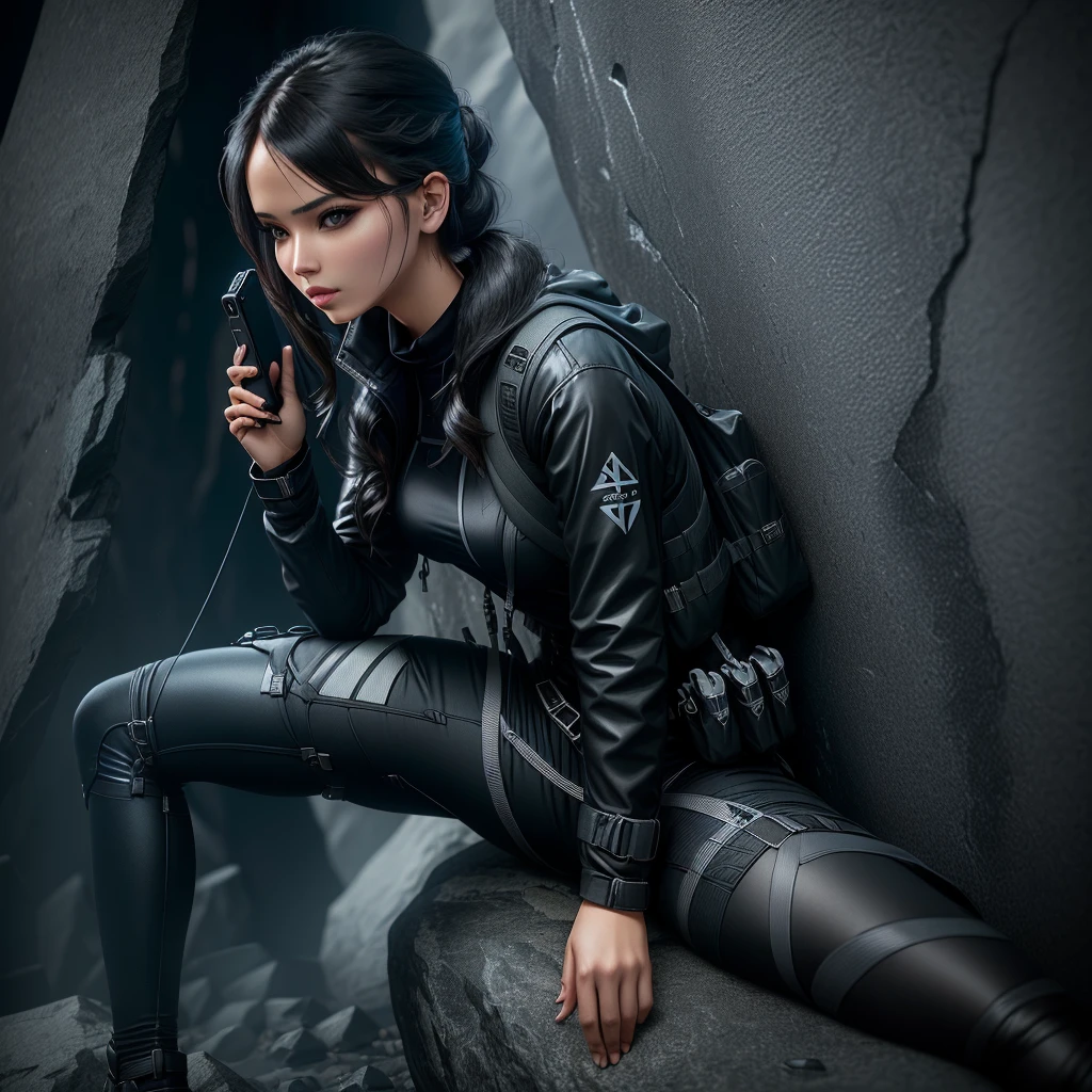 Arav woman in black clothing sitting on a rock,Holding a mobile phone, Katniss Everdeen rock climbing, Embossed effect Kojima Ayami, Badass Pose, Anime style 3d, æon flux style mix, Mirror's Edge art style, Inspired by Kojima Fumi, Eternal Flow Style, 2b, 2 b, Lara Croft as Heroine