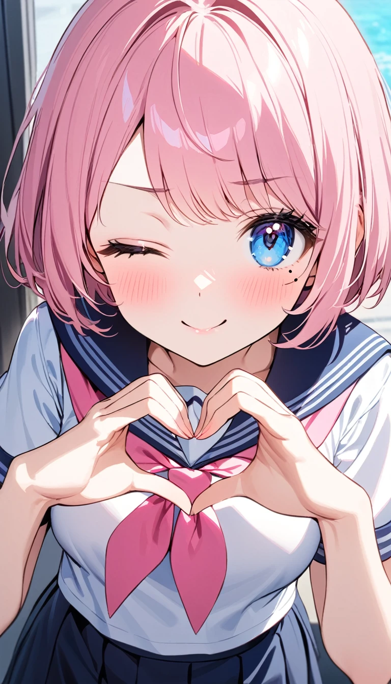 (1 girl),(Best Picture Quality, 8K, Masterpiece:1.3), (high school student:1.5), ((pink lob hair:1.1)), (bob cut),(swept bangs), (cute eyes, pupil black, iris skyblue, youthful face), (mole under right eye), (standard weight), (small breasts),(big hip), (glistening skin:1.1),(pale skin:1.2), ((serafuku, white sailor short sleeve simple shirt, darkblue skirt, darkblue sailor collar, pink ribbon)),(heart hands),(wink, one eye closed),(from above),(portrait).