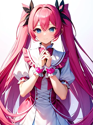 high quality，masterpiece。A cute magical girl with very long pink hair，The hairstyle is long twin tails。She stands upright with her face and body facing the viewer，True Identity。Her hands are empty，Don&#39;t move your hands。She seems tall，Her breasts are very large，Good style，She has the perfect proportions as a woman.。She is smiling with her pretty face，Both eyes are blue。Her costume is a magical girl costume.，Clothes that don&#39;t reveal much of the chest，The costume covers the chest，Magical Girl Costume，Costumes with flashy designs such as ribbons and frills，The costume has a white and pink color scheme..，Skirt is a mini skirt，Long white gloves on both hands，Long white socks on both feet。She is standing，Where you&#39;re standing is in the city。