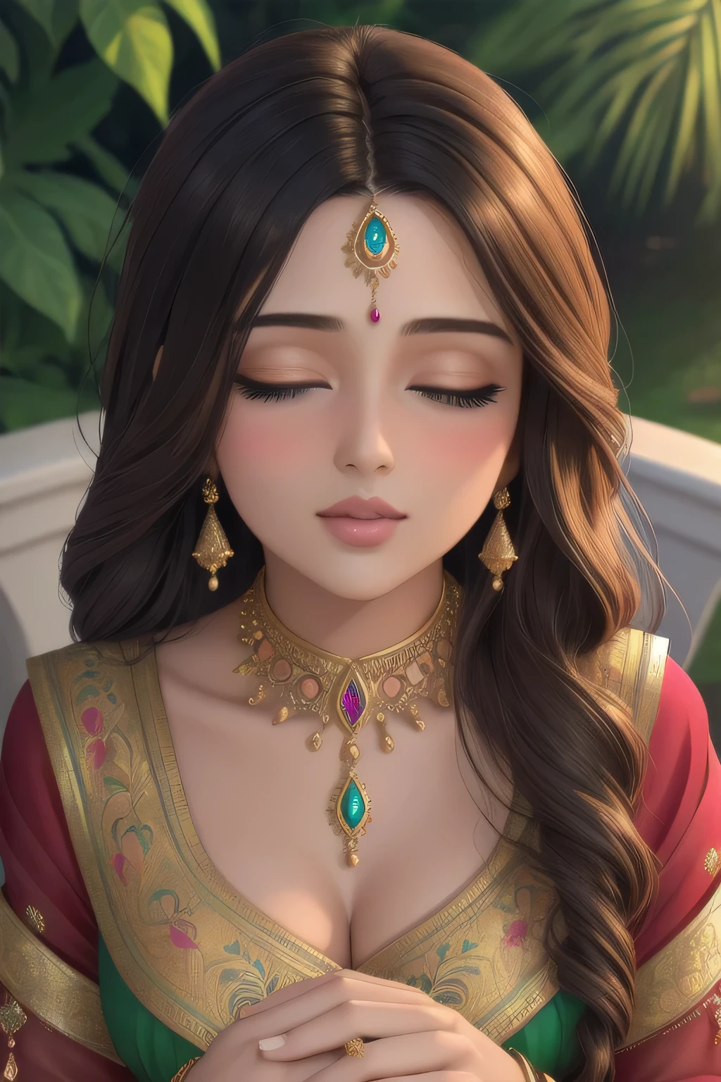 (best quality,4k,8k,highres,masterpiece:1.2),ultra-detailed,(realistic,photorealistic,photo-realistic:1.37),beautiful detailed eyes,beautiful detailed lips,extremely detailed eyes and face,longeyelashes,A seductive woman captivates in a stunning saree,silk fabric and intricate embroidery,graceful and elegant pose,floating pallu and pleated drapes,rich and vibrant colors,subtle shimmer and shine,traditional yet modern,perfectly fitted blouse,ornate jewelry and accessories,exquisite henna patterns on hands and feet,faint blush on cheeks and lips,captivating and confident gaze,luxurious and royal ambiance,soft and diffused lighting,lush garden backdrop with blooming flowers and lush greenery,delicate and subtle perfume scent in the air
