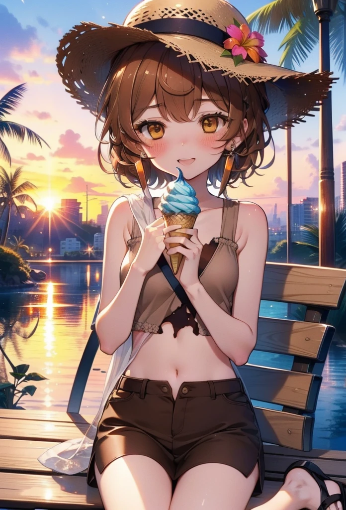 Lililukarde, Liliruka gets burned, , (Brown eyes:1.7), Brown Hair, (Flat Chest:1.2), smile,blush,Open your mouth,Straw hat,short hair,Brown tank top,Shorts,Holding ice cream in both hands,Heeled Sandals,Sitting on a bench,sunset,evening,The sun is setting,whole bodyがイラストに入るように,
break looking at viewer,whole body,
break outdoors, Building district,Palm tree,Tropical,
break (masterpiece:1.2), Highest quality, High resolution, unity 8k wallpaper, (figure:0.8), (Beautiful attention to detail:1.6), Highly detailed face, Perfect lighting, Highly detailed CG, (Perfect hands, Perfect Anatomy),