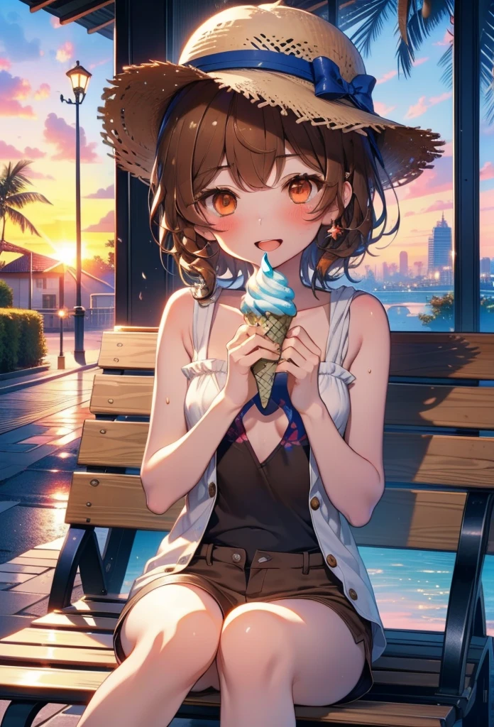Lililukarde, Liliruka gets burned, , (Brown eyes:1.7), Brown Hair, (Flat Chest:1.2), smile,blush,Open your mouth,Straw hat,short hair,Brown tank top,Shorts,Holding ice cream in both hands,Heeled Sandals,Sitting on a bench,sunset,evening,The sun is setting,whole bodyがイラストに入るように,
break looking at viewer,whole body,
break outdoors, Building district,Palm tree,Tropical,
break (masterpiece:1.2), Highest quality, High resolution, unity 8k wallpaper, (figure:0.8), (Beautiful attention to detail:1.6), Highly detailed face, Perfect lighting, Highly detailed CG, (Perfect hands, Perfect Anatomy),