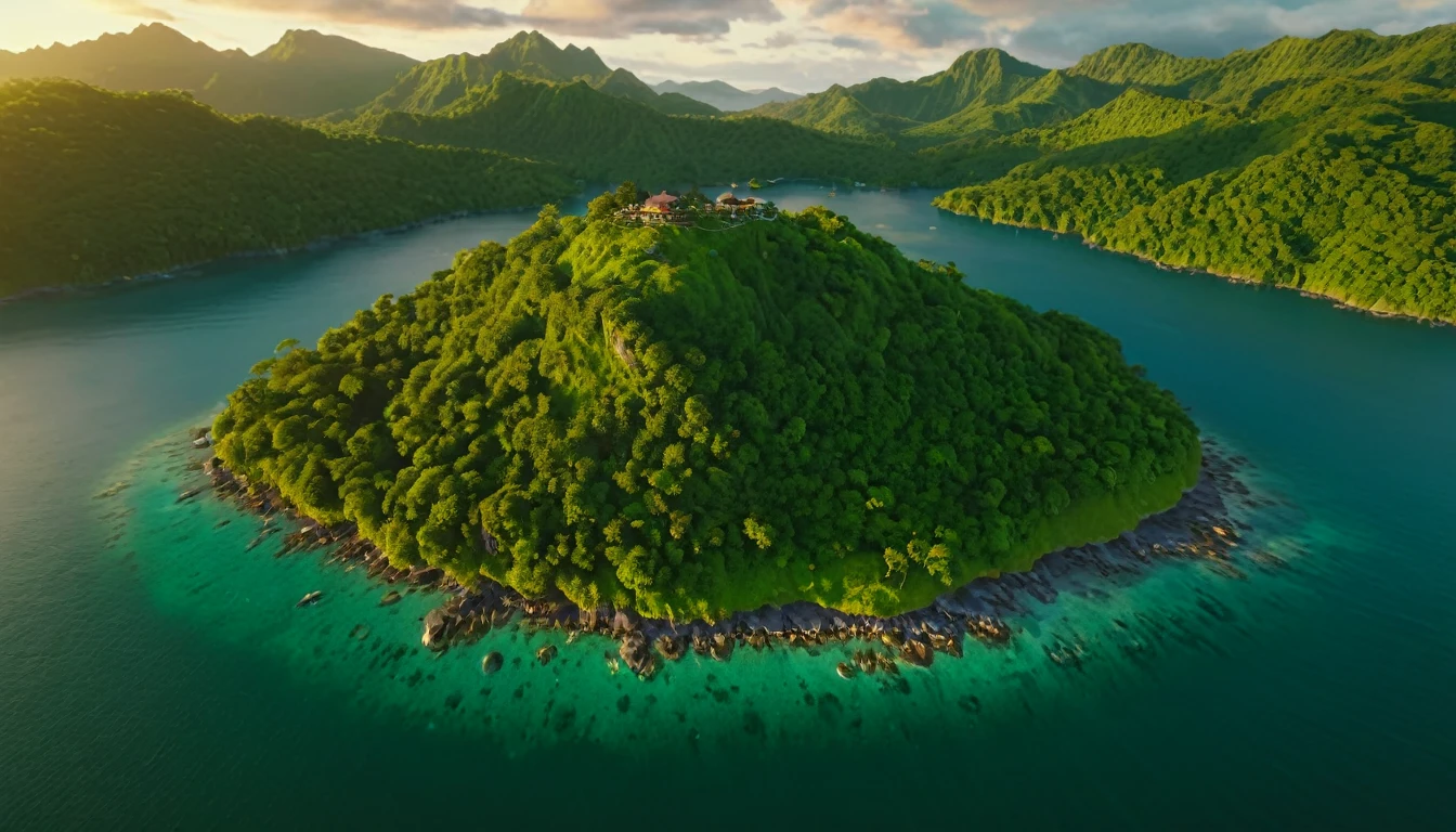 a peaceful island, mountainous green forest, high angle drone view, fantasy landscape, evening sun, local island homes, detailed, highly realistic, photorealistic, 8k, cinematic lighting, warm color tones, picturesque, lush foliage, dramatic clouds, serene atmosphere, tranquil waters, golden hour, beautiful vista, stunning natural scenery