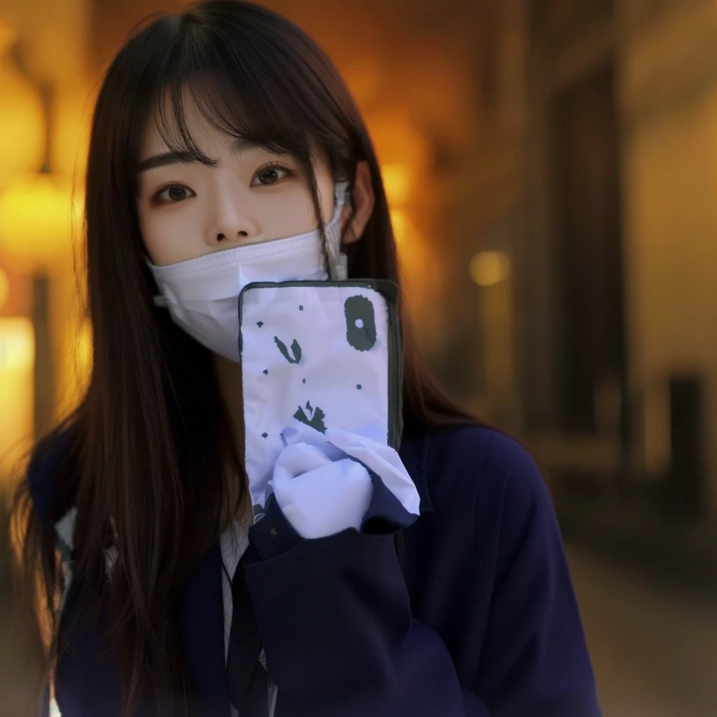 白いシャツとWear a maskして自撮りをする女性, A, Ka, Sa, Ta, Na, Ha, On , Ulzzang, sakimichan, Wear a mask, The mask covers her entire face, No mask, 🔞🤡, A surgical mask to cover the mouth, 8k)), 🪔 🎨;🌞🌄