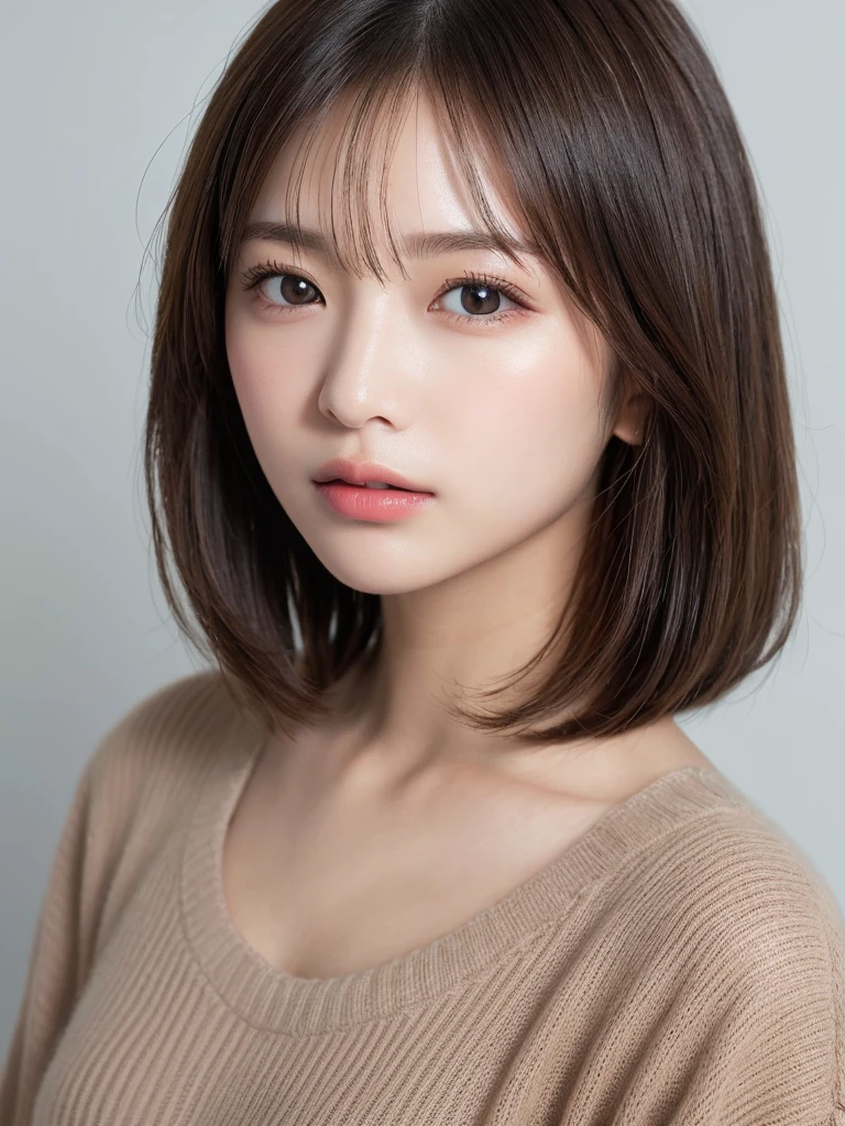 ((Browsing Caution))、(masterpiece:1.5)、(8k)、(Photorealistic:1.5)、RAW Photos、(Best image quality:1.4)、(Sharp focus:1.5)、 Highest quality、masterpiece、Ultra-high resolution、Perfect dynamic composition、 20-year-old、thin、Beautiful woman:1.4、Serious expression、 Wearing black knitwear、 Light brown hair、Bobcut、Shiny Hair、 Super detailed face、Detailed eyes、double eyelid、 Natural color lip、Clear Skin、