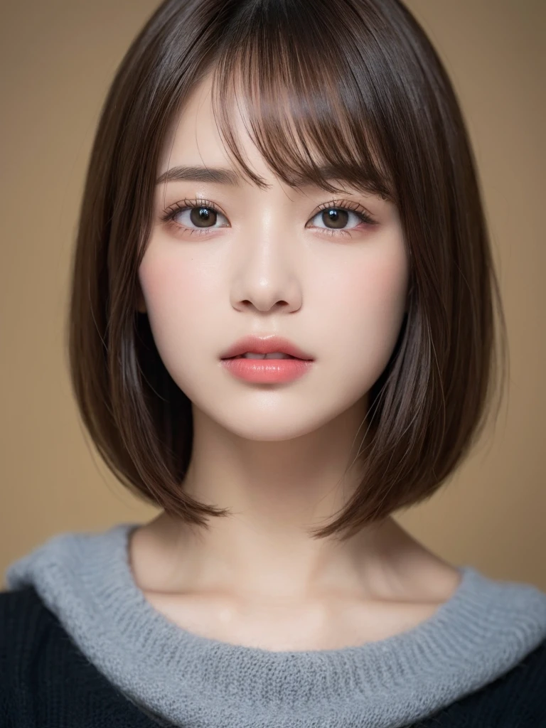 ((Browsing Caution))、(masterpiece:1.5)、(8k)、(Photorealistic:1.5)、RAW Photos、(Best image quality:1.4)、(Sharp focus:1.5)、 Highest quality、masterpiece、Ultra-high resolution、Perfect dynamic composition、 20-year-old、thin、Beautiful woman:1.4、Serious expression、 Wearing black knitwear、 Light brown hair、Bobcut、Shiny Hair、 Super detailed face、Detailed eyes、double eyelid、 Natural color lip、Clear Skin、