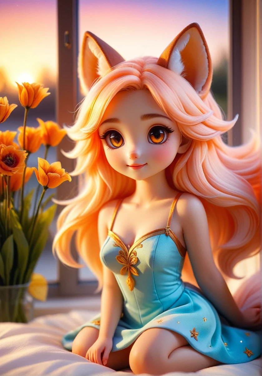 Nine-tailed Fox Fairy Girl，dream, Very cute, In the window of a pet store, at shop, Soft image of the sun setting into the horizon, Disney style, Lovely, Gorgeous background, Gorgeous lighting, light eyes, Comfortable warm glow, at night, Flowers sleeping on the bed, starry night, A ray of, firefly, Faint neon glow,