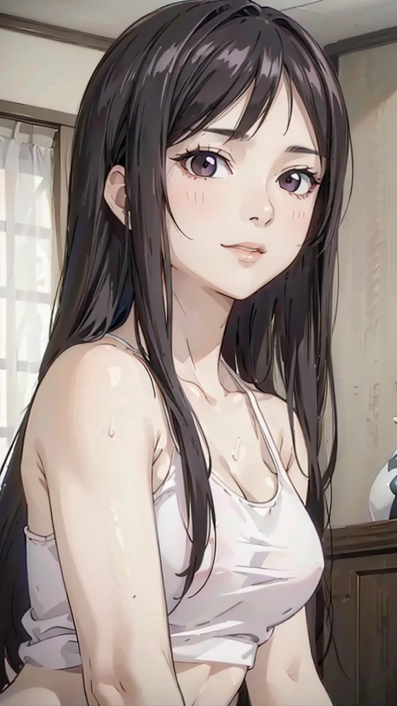 (((masterpiece))), (((best quality))), ((ultra-detailed)), (highly detailed CG illustration), Boa Hancock, (nsfw:1.4), (masterpiece:1.5), Detailed Photo, Smiling, Sexy, (Best Quality: 1.4), (1girl), Beautiful Face, (Black Hair, long Hair: 1.3), Beautiful Hairstyle, beautiful detail eyes, (realistic skin), beautiful skin, absurd, attractive, ultra high resolution, high definition, (sexually aroused:1.5), Pinkish white skin, cool white light, sexy pose, Beautiful , white background, pink soft white light, Wear a white tank top,