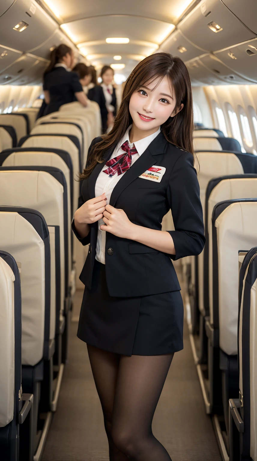 ​highest quality、table top、8k、best image quality、Award-winning work), two beautiful women、radiant beautiful skin , masterpiece、top-quality、The ultra -The high-definition、depth of fields、lens flare 1 girl、、brown hair, watching at viewers glares, large breasts , stewardess uniform, ( stewardess blazer:1.3),  shirt, short  skirt, (black high heels), perfect legs, model pose,  view from below, smiling , flight cabin, pantyhose 
