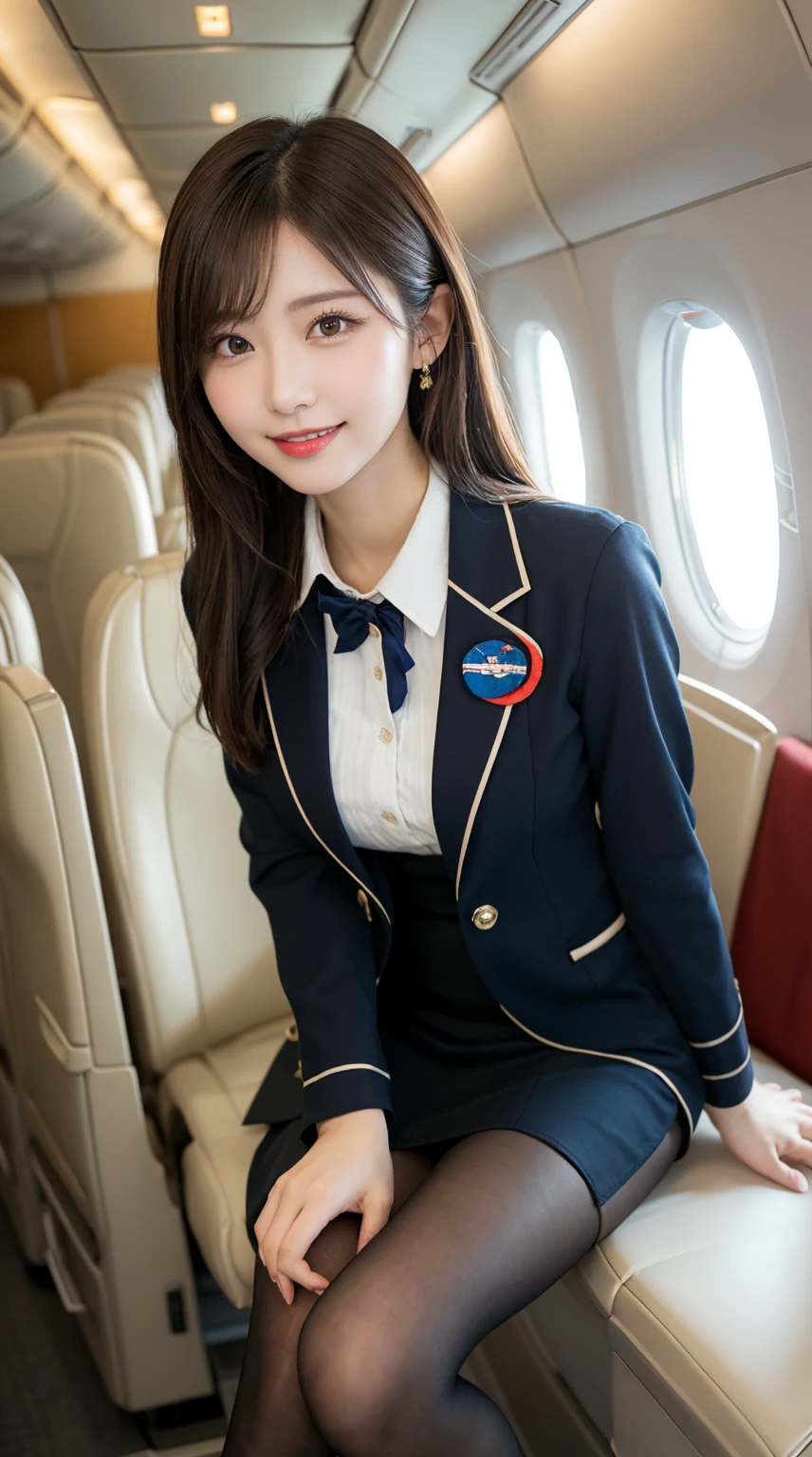 highest quality、table top、8k、best image quality、Award-winning work), two beautiful women、radiant beautiful skin , masterpiece、top-quality、The ultra -The high-definition、depth of fields、lens flare 1 girl、、brown hair, watching at viewers glares, large breasts , stewardess uniform, ( stewardess blazer:1.3), shirt, short skirt, (black high heels), perfect legs, model pose, view from below, smiling , flight cabin, pantyhose