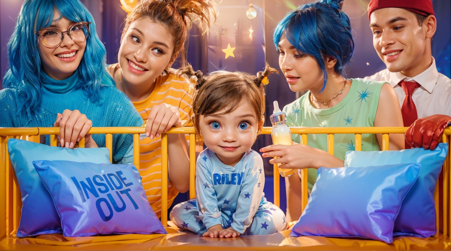 This image vibrantly captures a playful scene featuring Riley Andersen from "Inside Out," surrounded by characters styled as animated emotions from the movie. The blue-haired girl on the left symbolizes creativity and intelligence with her glasses and a radiant smile. Beside her, the girl with orange hair and a spirited expression represents enthusiasm and energy. At the center, ddler Riley, with her big blue eyes and starry pajamas, embodies innocence and is the focal point of the emotional journey depicted in "Inside Out." To her right, the girl with blue hair in a green dress could represent a quirky, imaginative aspect, while the young man in a white shirt and red gloves adds a touch of strength and leadership. They are all gathered around a crib, exuding warmth and a sense of camaraderie, perhaps symbolizing a supportive family or a collective of guiding emotions, each playing a role in nurturing Riley's growth and experiences. The "Inside Out" pillow and Riley's outfit further tie into the theme of exploring internal emotions and their impact on the outer world. vibrant contrast to his attire and accessories.аffects render, (glossy plastic texture with multiple big light probe refractions), perfect cgi, smooth silhouette, high intensity refraction, (super glossy plastic material), most beautiful vfx, , realistic, 4k, high resolution, rim light, smooth 3d model, multiple light sources, rim light, sharp post effects render,, realistic, 4k, high resolution, rim light detailed digital art, reflective, best quality, 4k, masterpiece:1.2, ultra-detailed, realistic, vivid colors, The image of the highest quality, ensuring every detail showcased perfectly. It in 4k resolution, allowing viewers to immerse themselves in the richness of the colors and intricate details. The realistic rendering. under the spotlight, reflecting, high-resolution image, realistic rendering