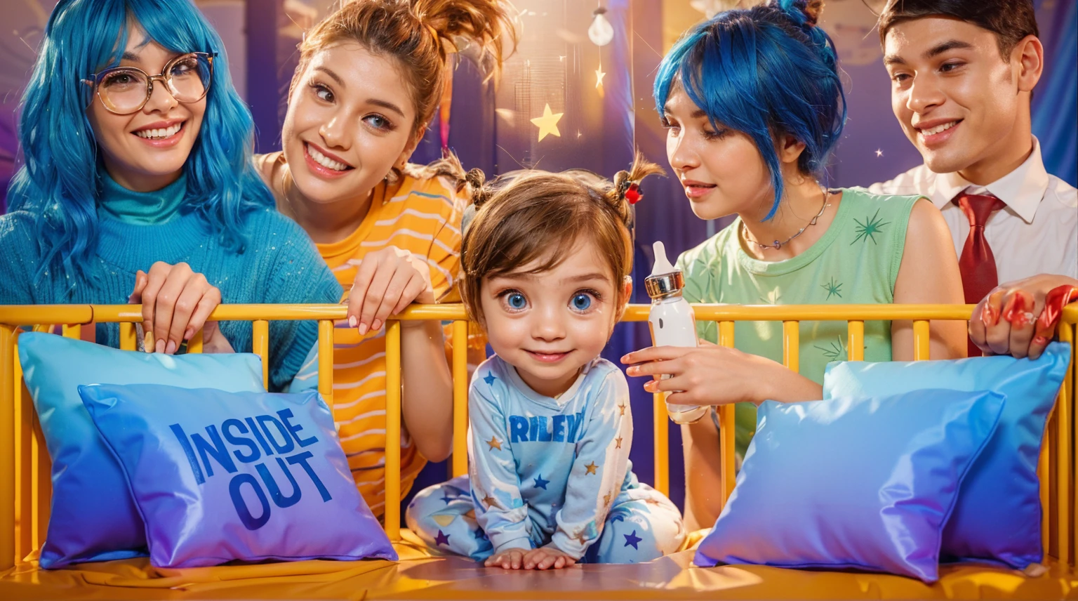 This image vibrantly captures a playful scene featuring Riley Andersen from "Inside Out," surrounded by characters styled as animated emotions from the movie. The blue-haired girl on the left symbolizes creativity and intelligence with her glasses and a radiant smile. Beside her, the girl with orange hair and a spirited expression represents enthusiasm and energy. At the center, toddler Riley, with her big blue eyes and starry pajamas, embodies innocence and is the focal point of the emotional journey depicted in "Inside Out." To her right, the girl with blue hair in a green dress could represent a quirky, imaginative aspect, while the young man in a white shirt and red gloves adds a touch of strength and leadership. They are all gathered around a crib, exuding warmth and a sense of camaraderie, perhaps symbolizing a supportive family or a collective of guiding emotions, each playing a role in nurturing Riley's growth and experiences. The "Inside Out" pillow and Riley's outfit further tie into the theme of exploring internal emotions and their impact on the outer world. vibrant contrast to his attire and accessories.аffects render, (glossy plastic texture with multiple big light probe refractions), perfect cgi, smooth silhouette, high intensity refraction, (super glossy plastic material), most beautiful vfx, , realistic, 4k, high resolution, rim light, smooth 3d model, multiple light sources, rim light, sharp post effects render,, realistic, 4k, high resolution, rim light detailed digital art, reflective, best quality, 4k, masterpiece:1.2, ultra-detailed, realistic, vivid colors, The image of the highest quality, ensuring every detail showcased perfectly. It in 4k resolution, allowing viewers to immerse themselves in the richness of the colors and intricate details. The realistic rendering. under the spotlight, reflecting, high-resolution image, realistic rendering