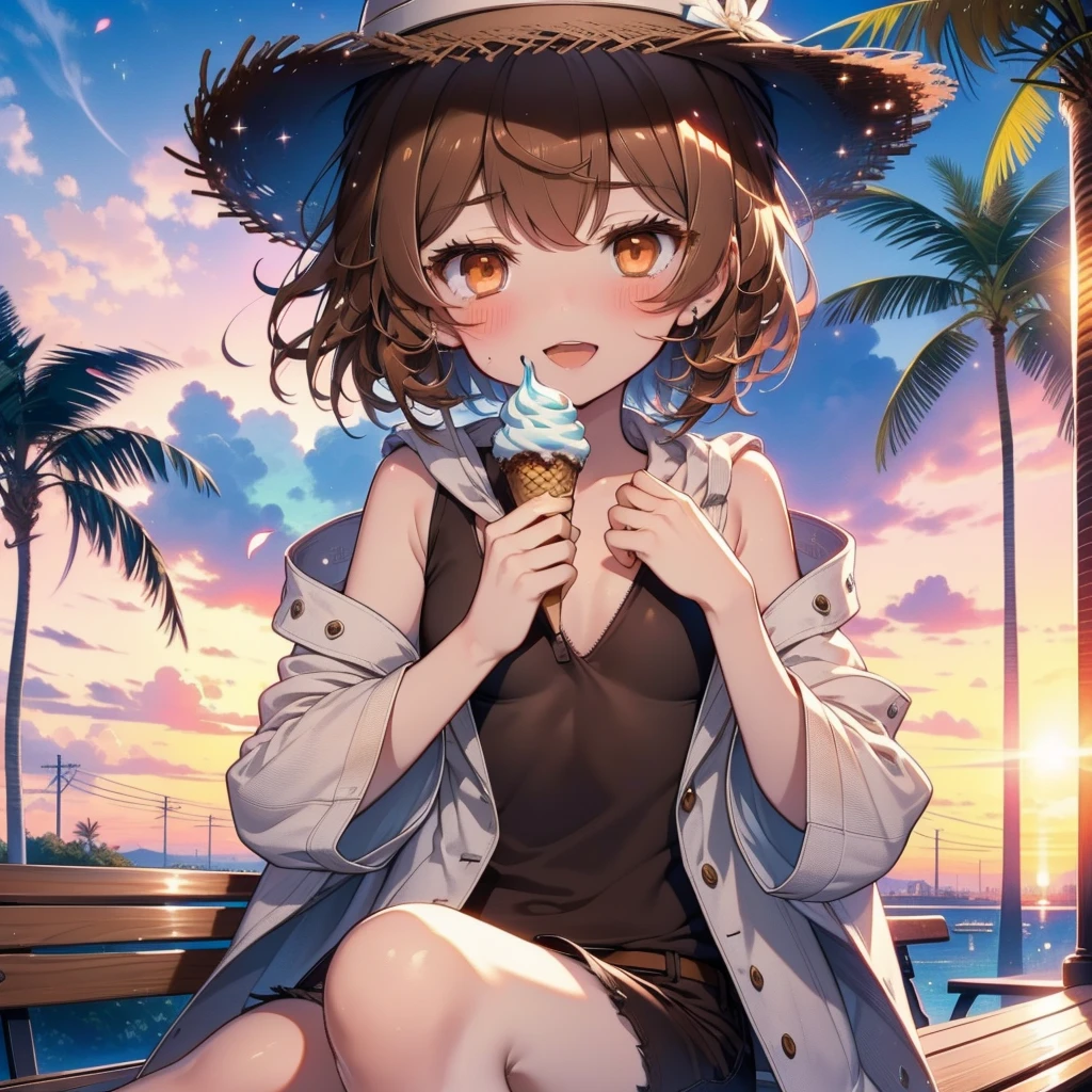 Lililukarde, Liliruka gets burned, , (Brown eyes:1.7), Brown Hair, (Flat Chest:1.2), smile,blush,Open your mouth,Straw hat,short hair,Brown tank top,Shorts,Holding ice cream in both hands,Heeled Sandals,Sitting on a bench,sunset,evening,The sun is setting,whole bodyがイラストに入るように,
break looking at viewer,whole body,
break outdoors, Building district,Palm tree,Tropical,
break (masterpiece:1.2), Highest quality, High resolution, unity 8k wallpaper, (figure:0.8), (Beautiful attention to detail:1.6), Highly detailed face, Perfect lighting, Highly detailed CG, (Perfect hands, Perfect Anatomy),
