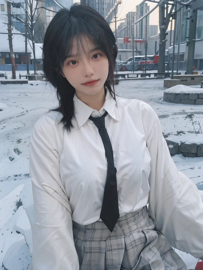 Best quality，masterpiece，Double tail，Ultra-high resolution，snow，16K,Snow background，（Photo Realism：1.4),1 Girl，JK，sexly，（shirt and tie：1.2),（Big breasts：2.3),（Upper body：1.4)