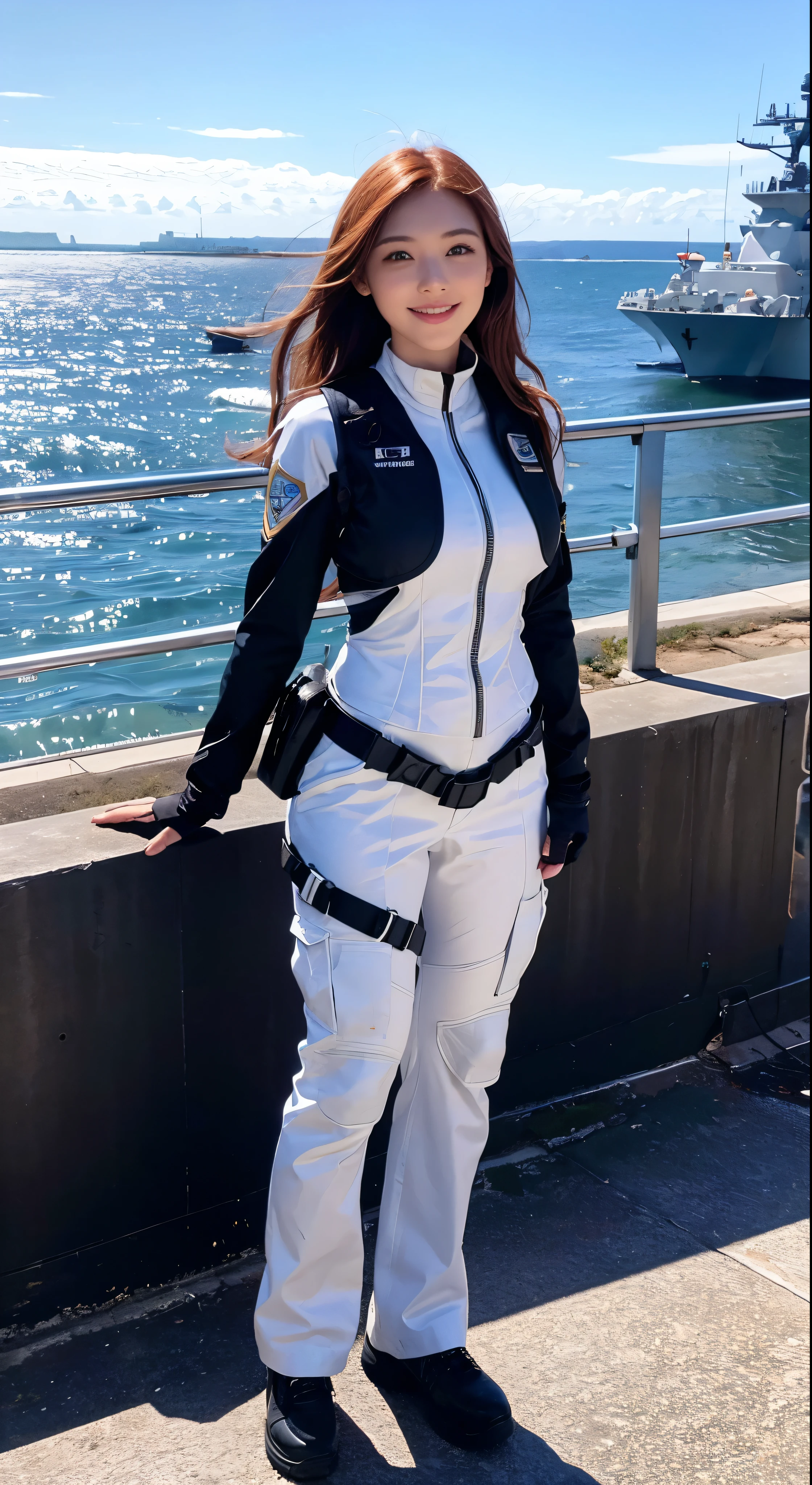 with high definition imagearie , Chestnut Hair , Black Eyes,US Marine Corps Armored Suit，Bulletproof vest, Smiling and looking at the camera Full body high quality image,With the sea view as the background to the naval base，Facial details