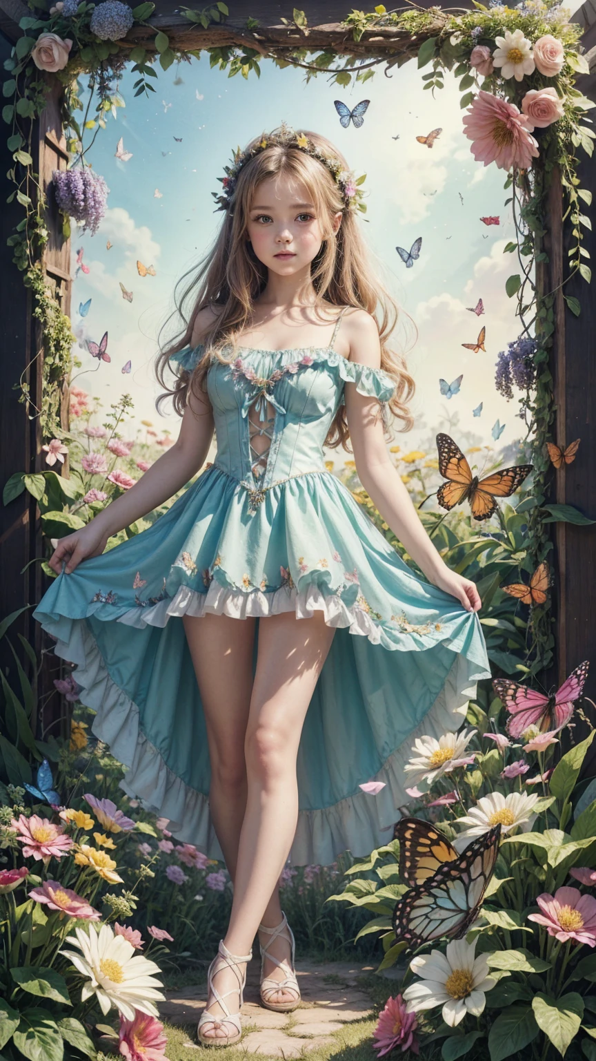 A beautiful girl in a fairy costume, surrounded by flowers and butterflies. Content: watercolor painting. Style: whimsical and delicate, like a children’s book illustration.